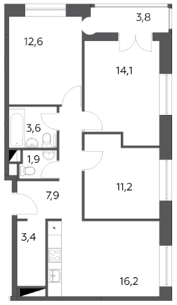 Трёхкомнатная квартира 74.7 м²