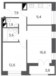 Двухкомнатная квартира 55.8 м²